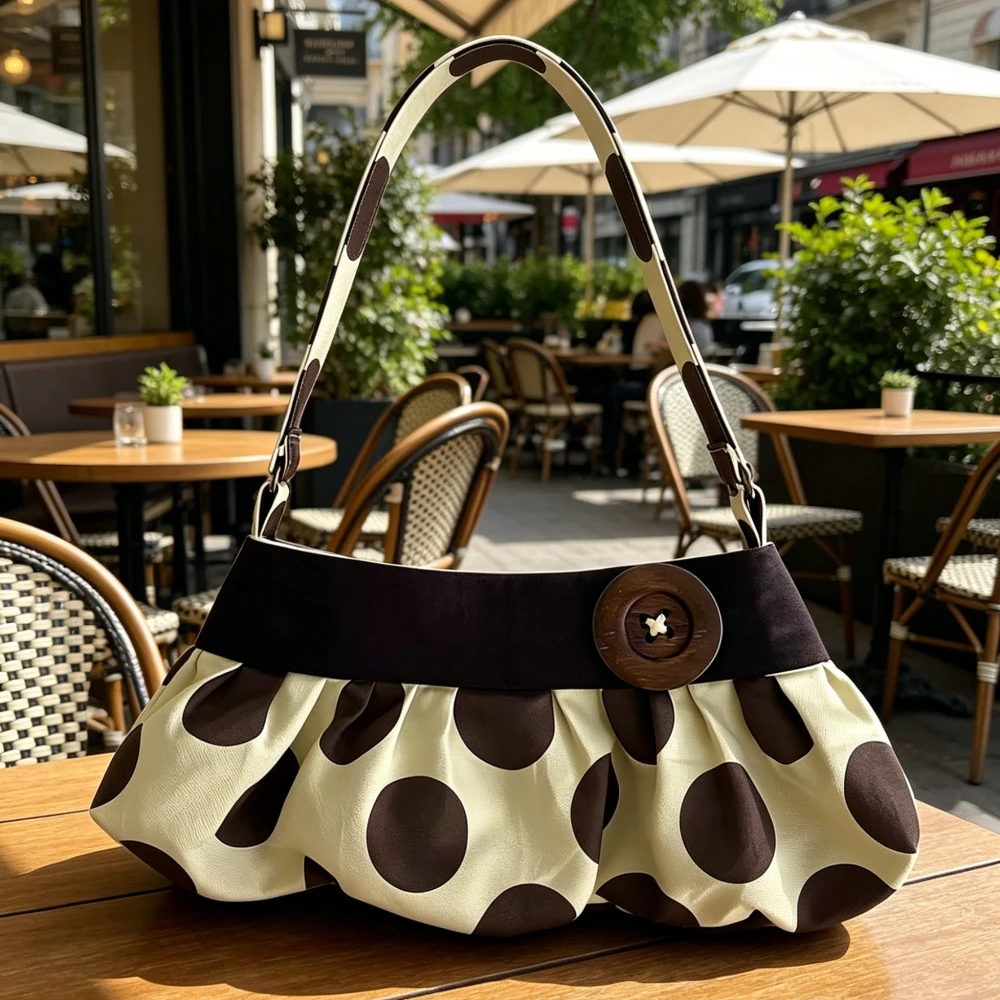 Borsa a Spalla Retrò a Pois con Bottoni in Legno, Borsa a Mano con Design Plissettato, Borsa Morbida a Forma di Raviolo, Borsa Casual a Righe per Pendolari - immagine 3
