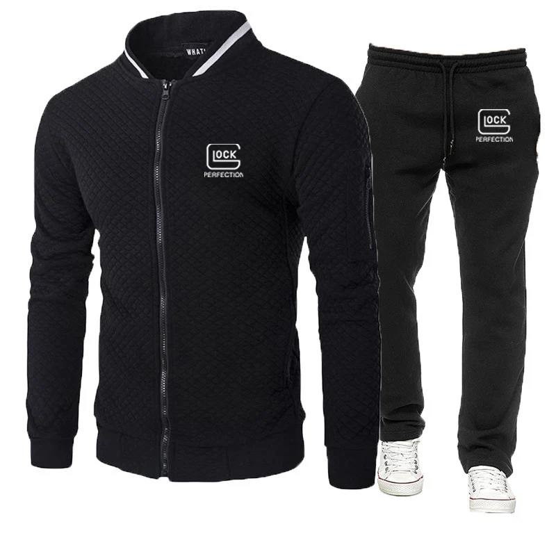 

Glock perfect shooting new men's slim printed round neck zipper hooded coat pants high quality suit