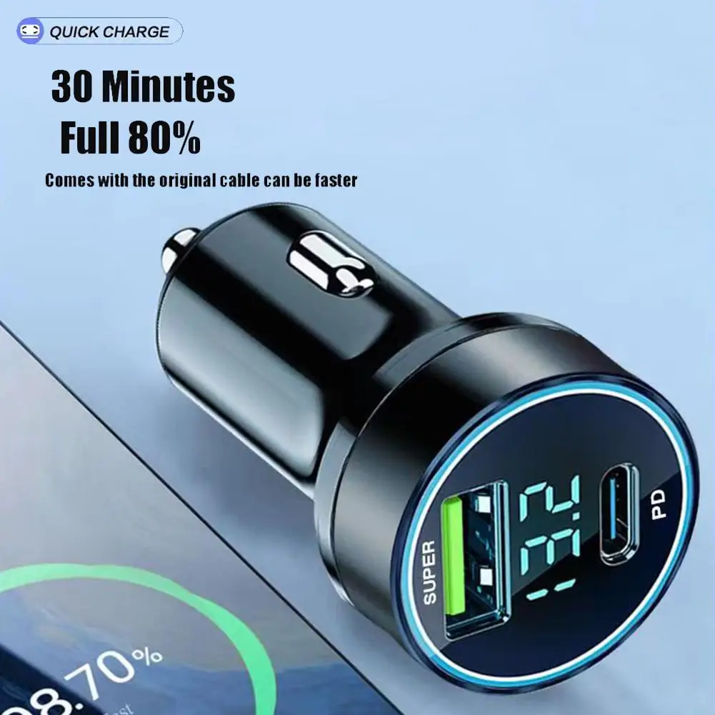 Car Charger Super Fast Charge Adapter Type C USB 120W Portable Metal Display Car Charger Resistant To High Temperatu
