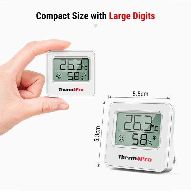 Thermopro TP357 Petit Hygrometre Interieur Connecté Bluetooth de Thermomètre  Intérieur, Thermomètre Connecté Utilisé avec Smart APP, pour Le Bureau à  Domicile Thermomètre de Reptile, 2 Pièces : : Jardin