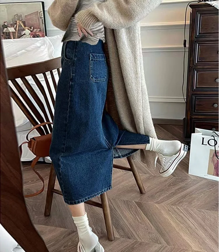 Maternity Skirt For Pregnant Women Denim Cotton Side Slit Medium Length Slimming Outerwear For Summer Spring Autumn