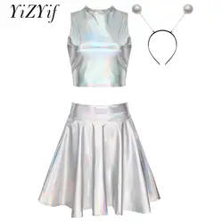 Womens Halloween Alien Spacegirl Cosplay Costume Metallic Shiny Sleeveless Crop Top with Ruffle Skirt Hair Hoop Party Clubwear