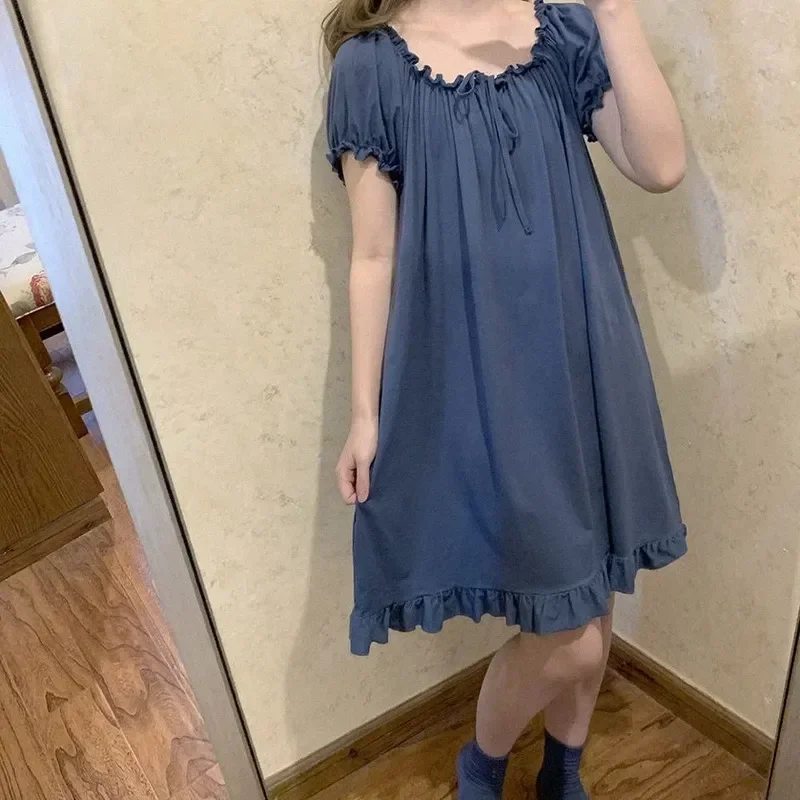 

Милые модные голубые ночные рубашки для студентов с однотонным рукавом в простом стиле Милая Короткая домашняя женская одежда для сна в Корейском стиле белая ночнушка для отдыха