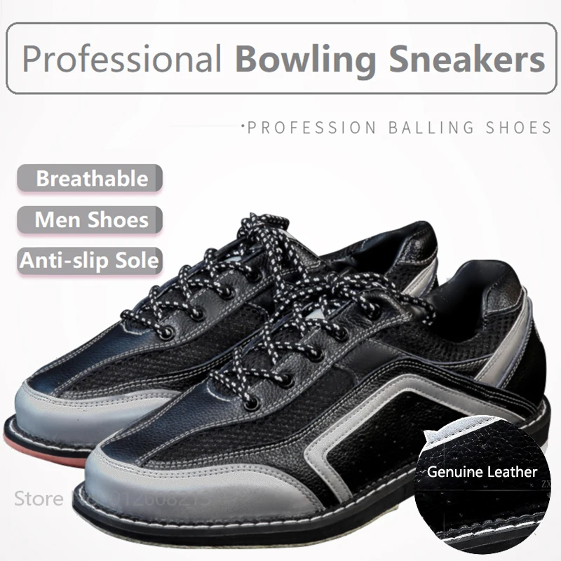 Bowling Shoes for Men Genuine Leather Bowling Sneakers Skidproof Sole Sports Trainers Professional Breathable Footwear 38-46