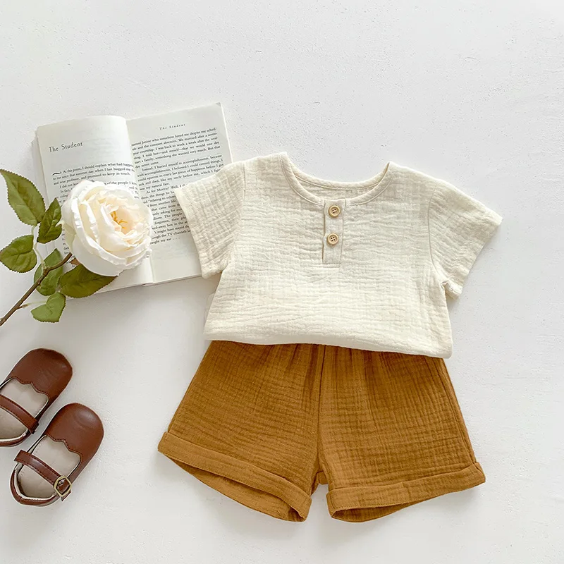

LILIGIRL Baby Clothing Set Toddler Boys Linen Suit Solid Tee And Shorts 2 Pcs Baby Outfit