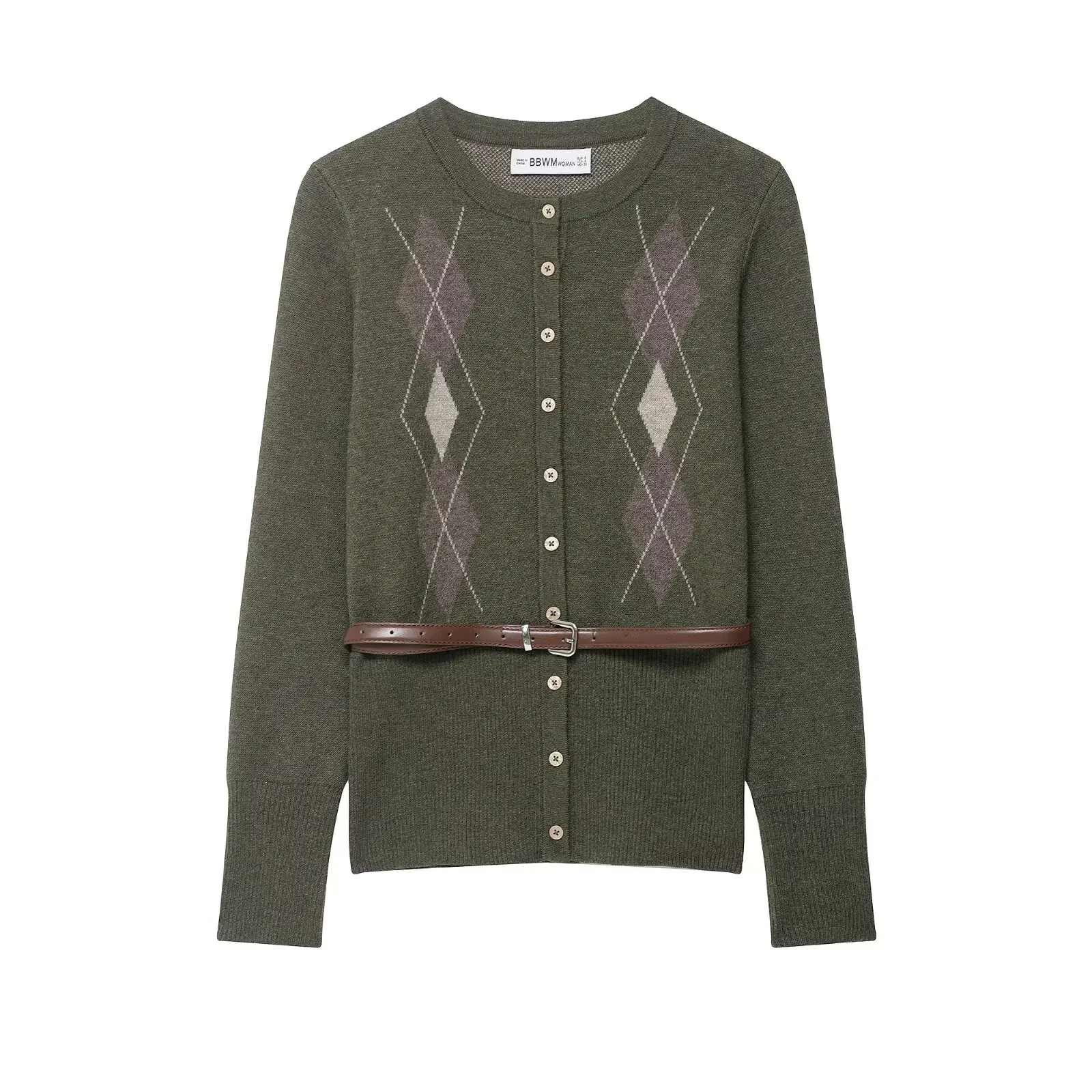 JNLEAOG Autumn New Women's Knitted Outerwear with Belt Diamond Pattern Midi Skirt Long Sve round Ne Two-Piece Set Faion