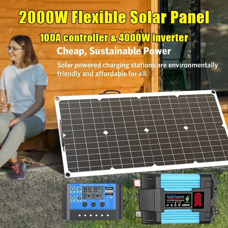 4000W Solar Kit System 110V/220V 6000W Blue Inverter 12V Battery Charging 100A Controller for Home/RV/Military Camping