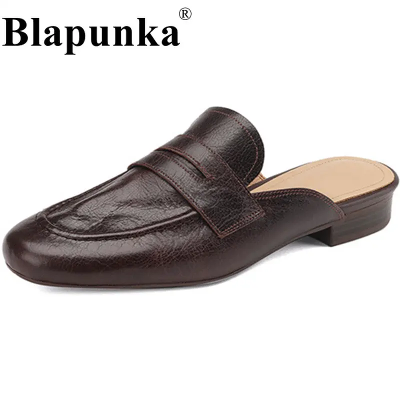 

Blapunka Ladies Genuine Leather Slippers Mules Round Toe Penny Loafers Slides Shoes Black Burgundy Slip-ons Low Heels Sandals 41