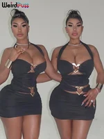 Weird Puss Peach Buttocks Dress Women Ruched Hollow Halter Backless Sexy Heart Metal Buckle Party Vacation Hipster Mini Bodycon 1