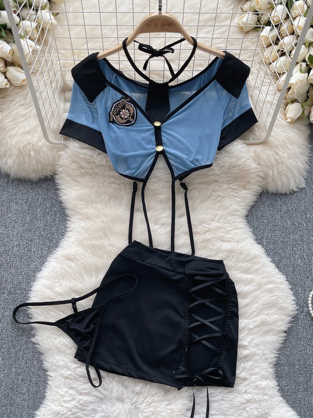 364802-cebb23.jpg Sf8ea102718c046389211c44a15b4398fi Women Preppy Style Sexy Uniform Sets, V Neck Sheer Top+Lace Up Mini Skirt+Thongs Hollow Out Cosplay Porn Suits Mallzona