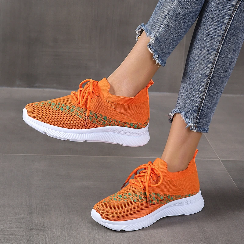 NewWomenCasualShoesFashionFlyWovenMeshBreathableSneakersSolid