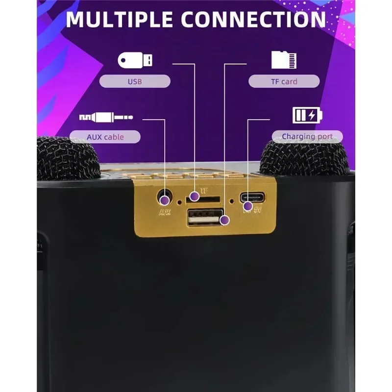 High Power Karaoke Bluetooth Speaker Portable 360 Stereo Surround Wireless Subwoofer with 2 Microphone Boombox Child Home Gift