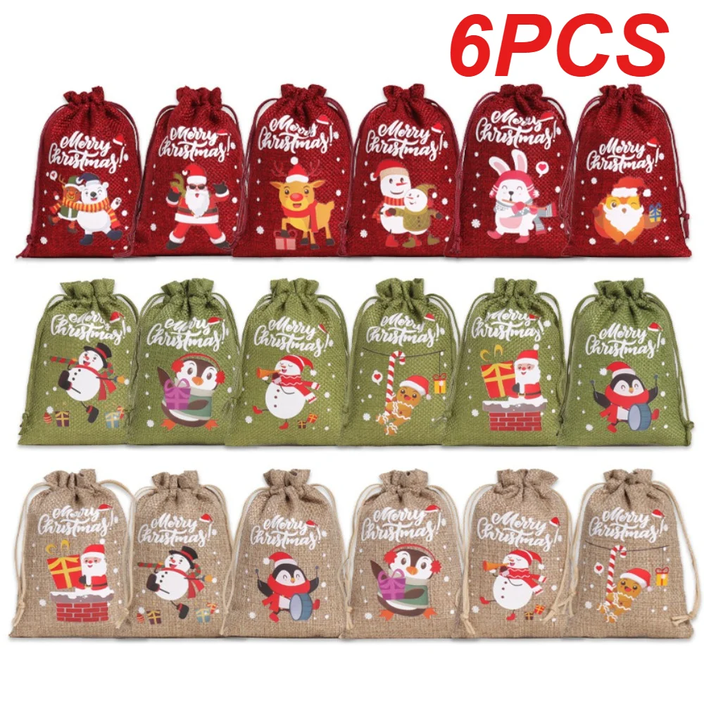 6 Stück Weihnachts-Charakter-Beutel mit Kordelzug, Weihnachtsmann/Rentier/Schneemann/Pinguin/Kaninchen-Aufdruck, festliche Geschenkbeutel für Partygeschenke