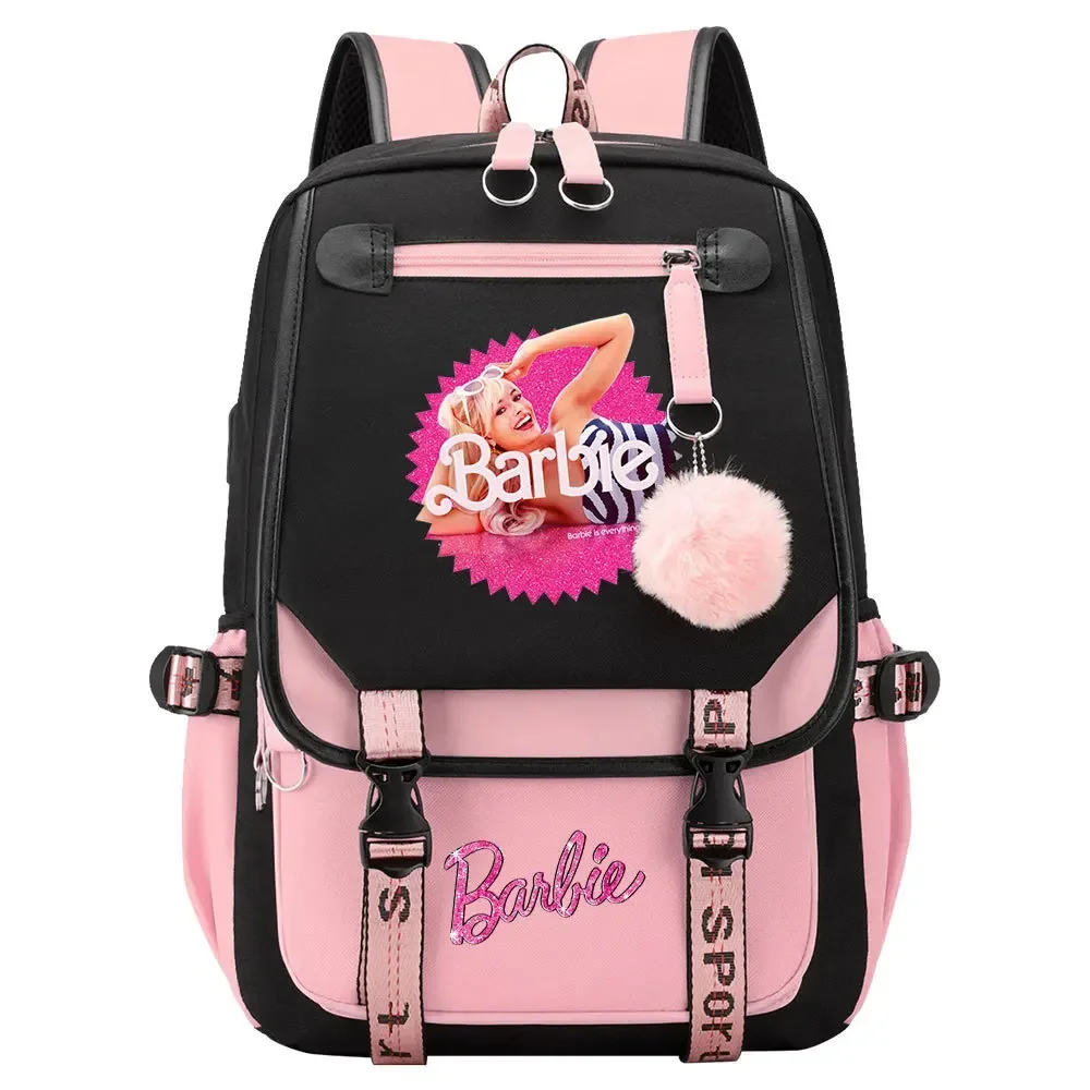 

MINISO Live-action Movie Barbie Peripheral Large-capacity USB Student School Bag Casual Webbing Flip Backpack Best Gift