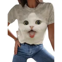 

2022 New Breathable Women's Pullover 3D Cartoon Cat Print T-Shirt O-Neck Short-Sleeved Loose T-Shirt Spring Casual Plus Size Top