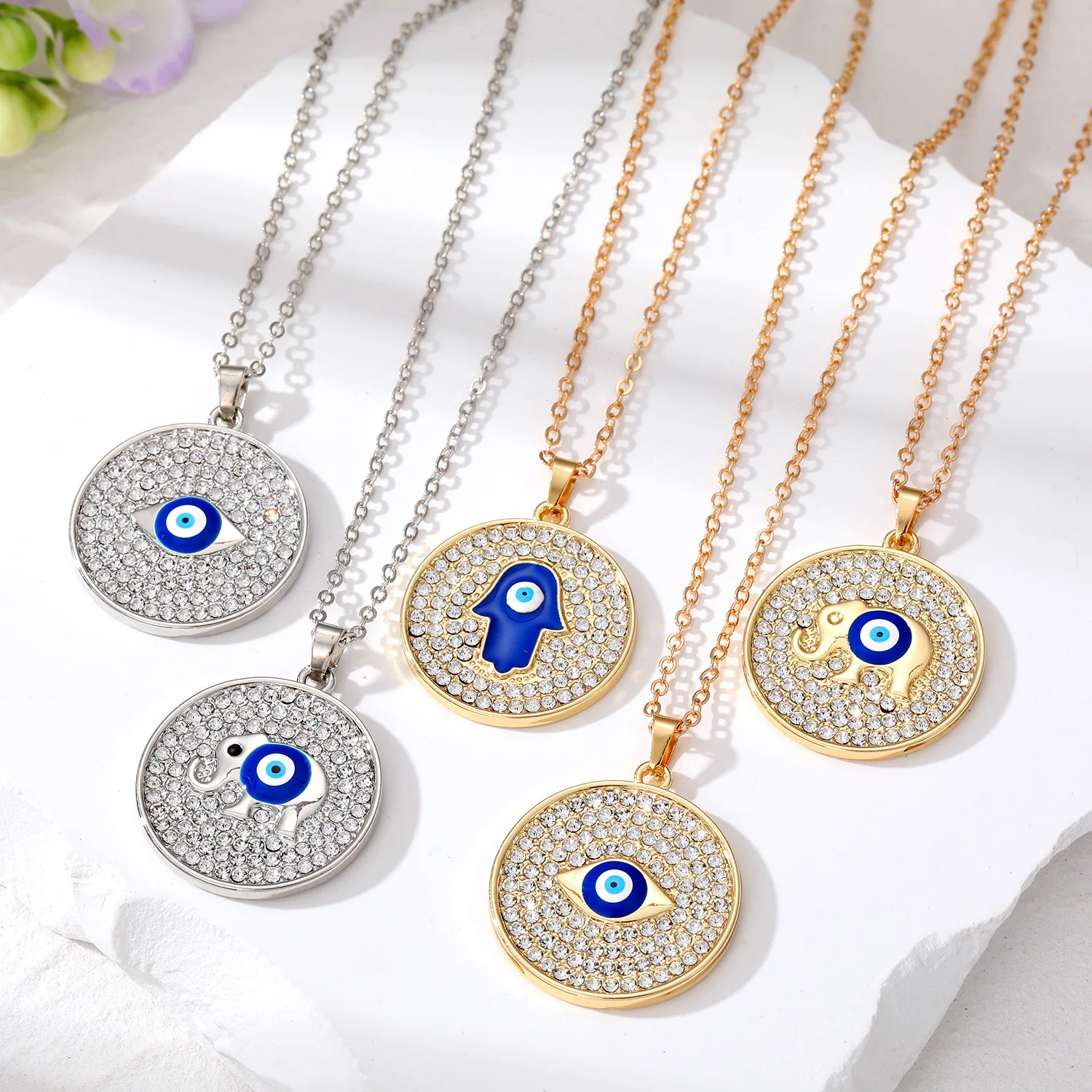 

Turkey Evil Eye Necklace Bling Lucky Blue Eye Elephant Fatima Hand Pendant necklaces Women Men Jewelry