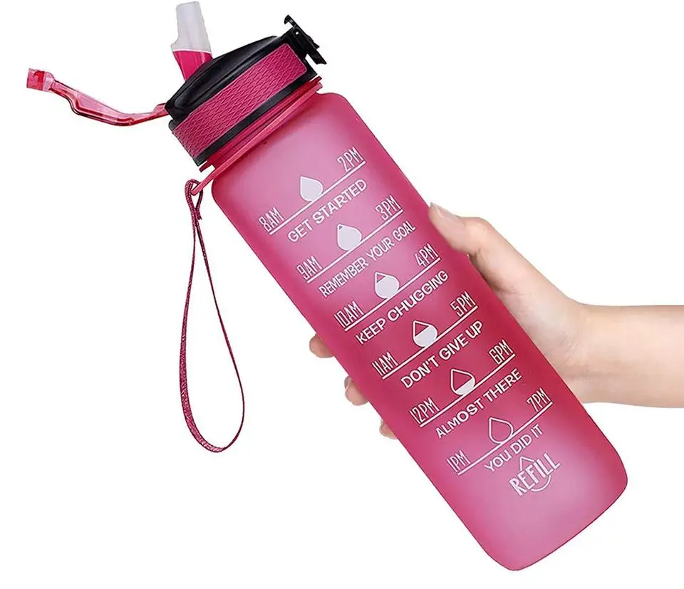 Water Bottle 1L with Straw Motivational Time Marker & Buckle Strap Leak-Proof Tritan BPA-Free Sports Water Bottle