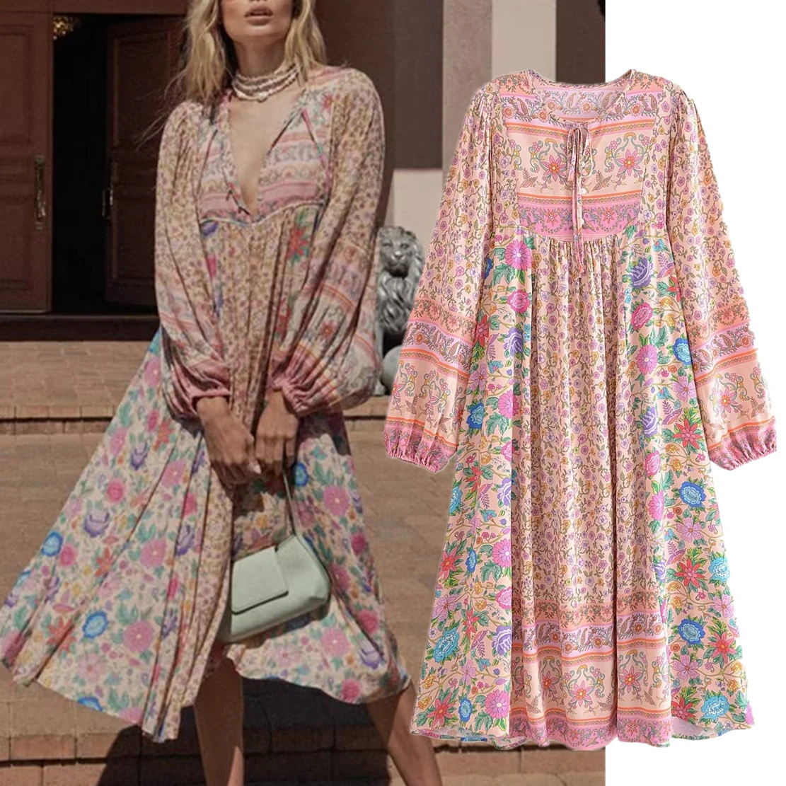 

Maxdutti French Style Flower Patch Summer Dress Cotton Loose Dress Women Vintage Country V-neck Casual