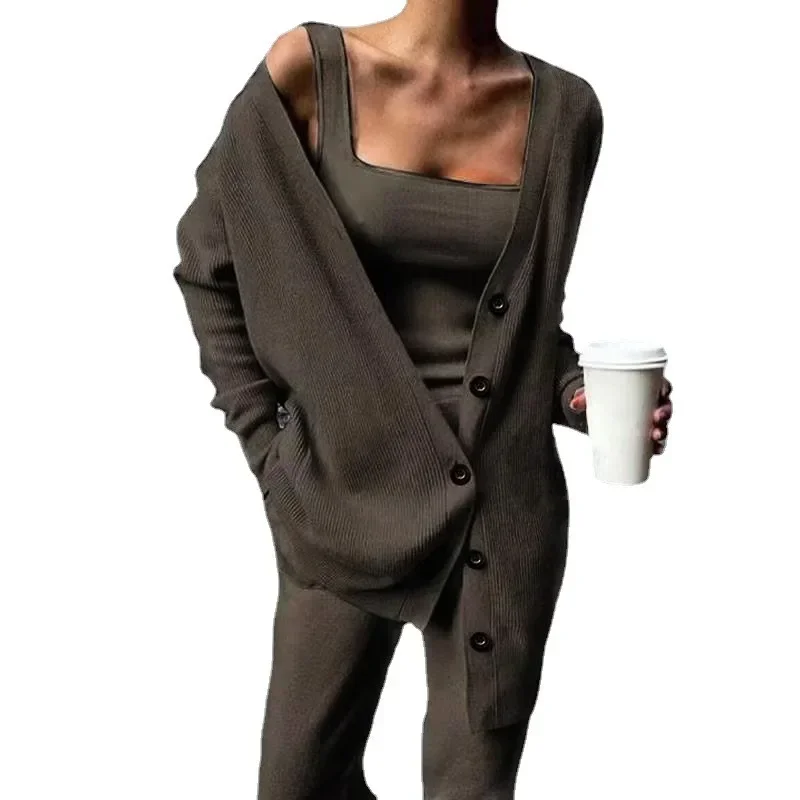 

Vintage V-Neck Cardigan Coat Casual Vest and Long Pants Three Piece Set Fashion Knitted Tank Top Loose Trousers Outfits 28657