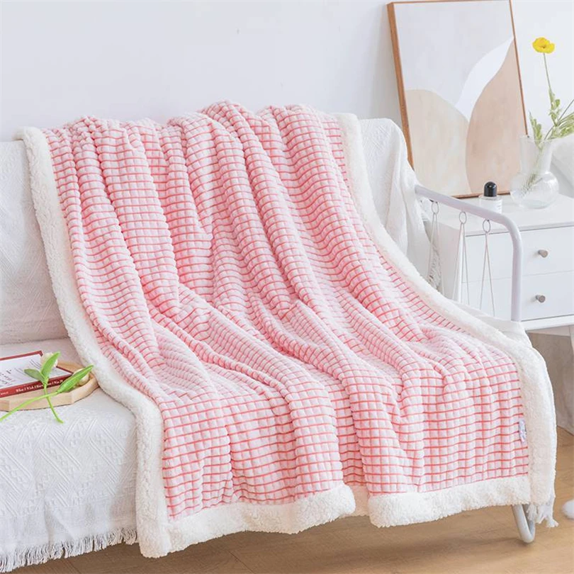 

Double-Layer Lambskin Blanket, Plaid, Thickened, Warm, Sofa, Nap Blanket, Skin-friendly, Soft Shawl, Simple, Modern, Ins Style