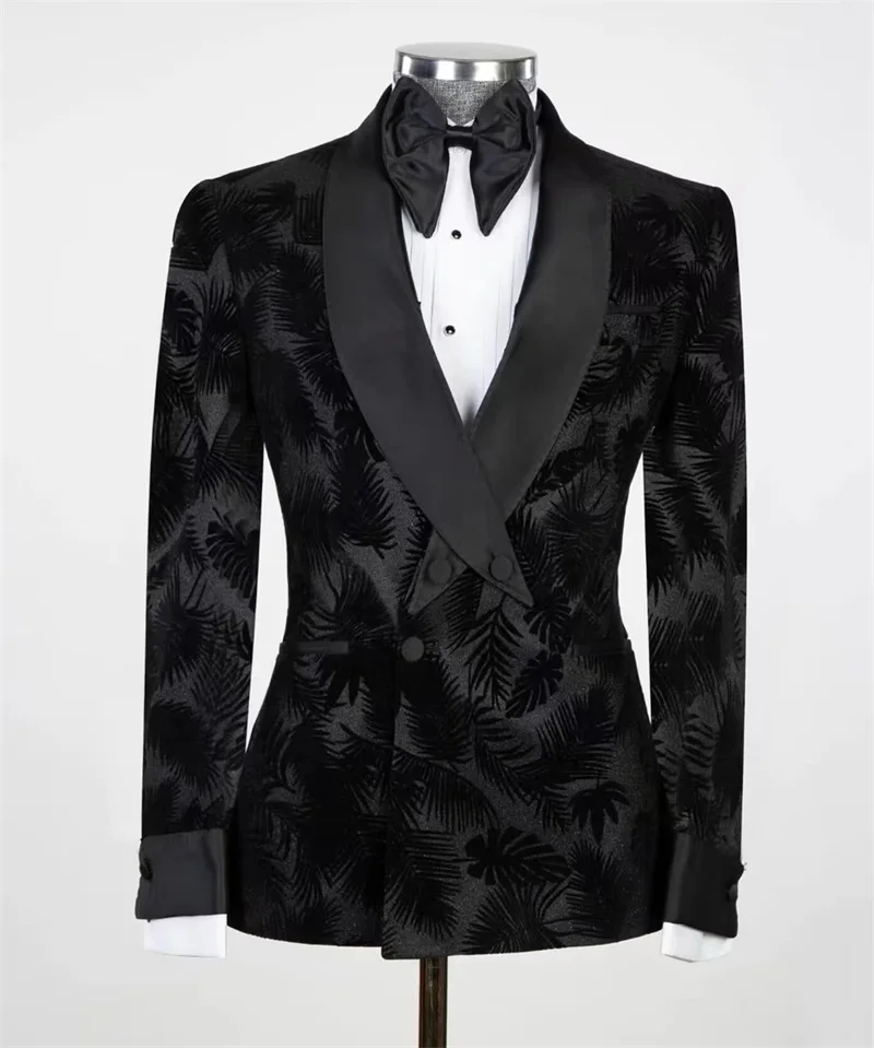 

Leaf Printed Men Suit Blazer 1 Pcs Black Formal Wedding Tuxedos Office Jacket Outfit Prom Coat Tailor Made Satin Lapel