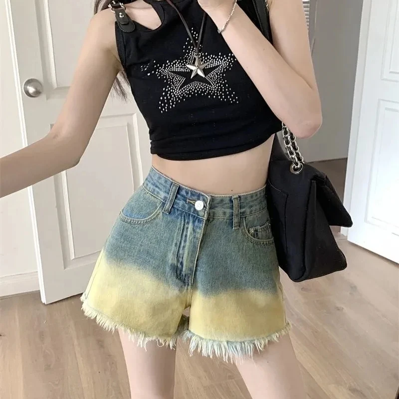 Shorts Women Gradient Simple High Waist Denim Short Trendy Elegant Holiday All-Match Summer Womans Clothing Casual Jeans Mujer