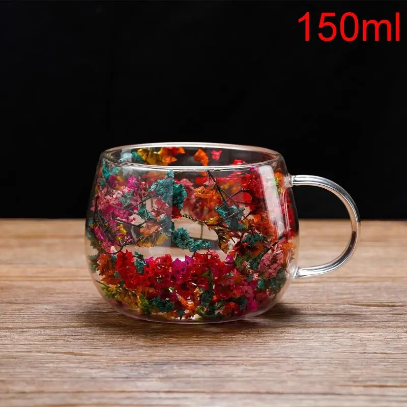 Elegant Double-Layer Glass Cup with Dried Flower Embellishment, Heat-Resistant