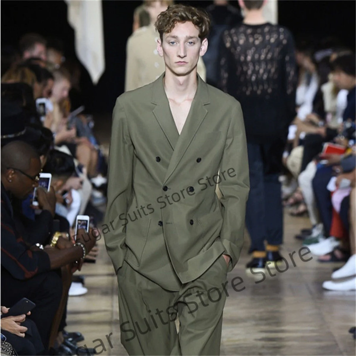 Fashion Groom Tuxedos Wedding Men Suits Slim Fit Notched Lapel Double-breasted Army Green Formal 2 Pieces Sets  Trajes De Hombre
