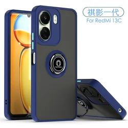 Magnetic Holder Ring Shockproof Armor Case - Matte Finish for Poco C65 4G (Navy Blue)