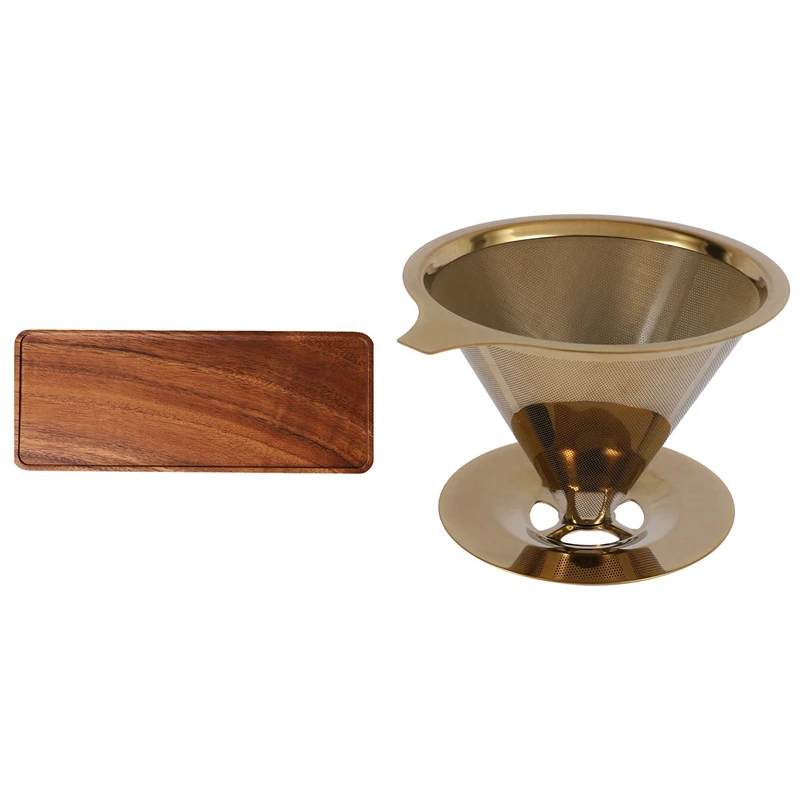 

HOT-Double Wall Titanium Gold Pour Over Coffee Dripper Filter With Acacia Wooden Tray, Solid Wood Wooden Afternoon Tea Tray