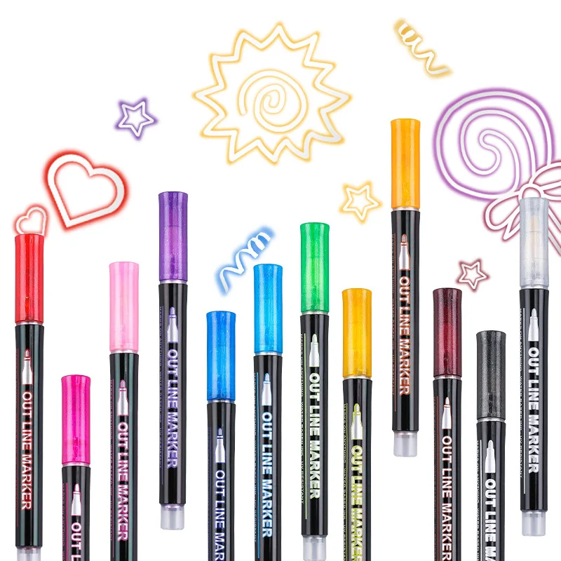 8/12 farben/Set Doppel Linie Umriss Kunst Stift Fluoreszierende Glitter Kunst Marker Stifte für Die Karte, geburtstag Gruß, Malerei – Detail 5