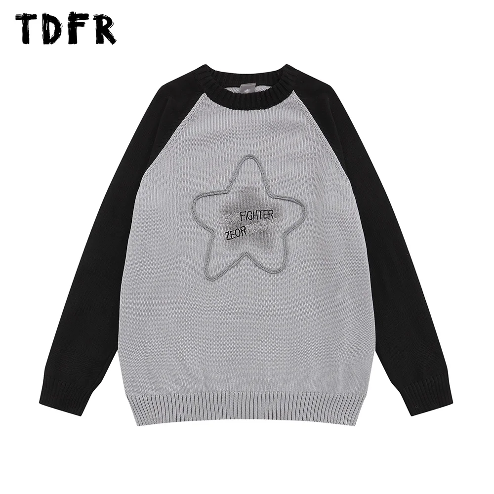 

Letter Embroidery Knitted Sweater Mens Five-pointed Star Jacquard Loose Casual Raglan Sleeve Pullover Men