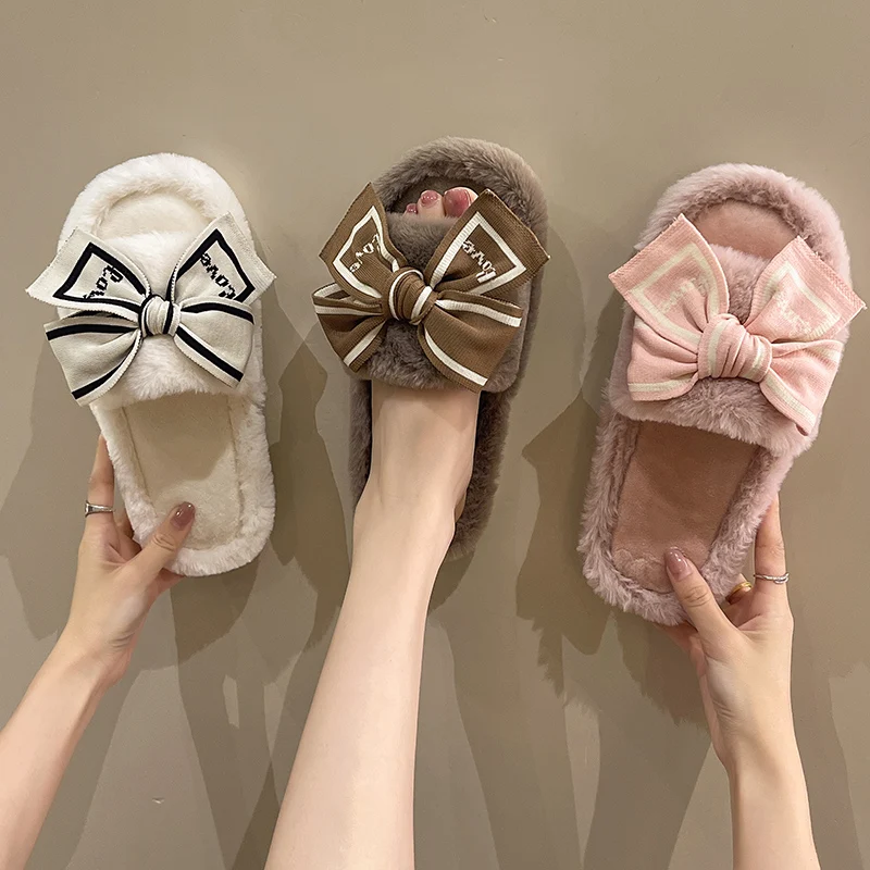 Women's Fuzzy Winter House Slippers With Bow Platform_voghion.com