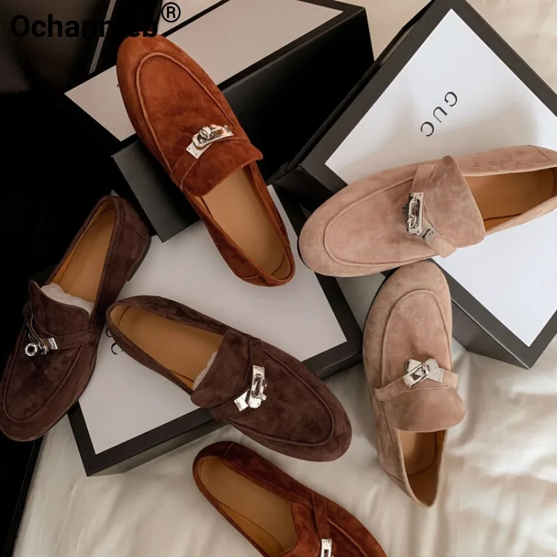 

Ochanmeb Cow Suede Loafers Women Luxury Brand Designer Metal Shark Lock Casual Flat Shoes Nude Brown Slip-on Flats Leisure Shoes