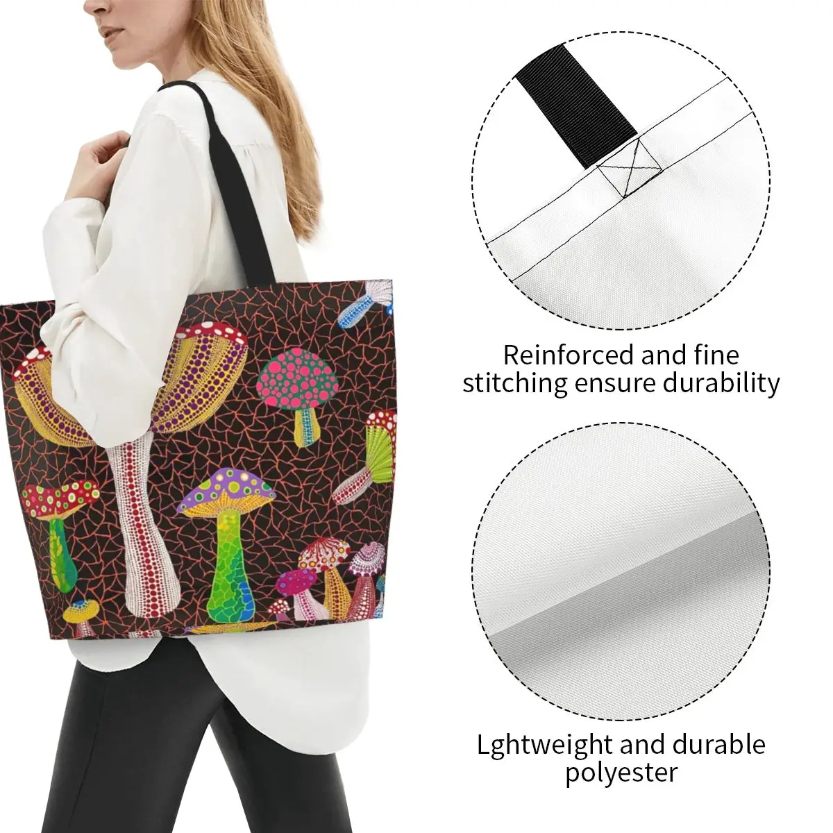 Printing Yayoi Kusama Toadstools Abstract Art Tote Shopping Bag Washable Canvas Shoulder Shopper Handbag Shopping Bag Tote Bags Canvas Bags
