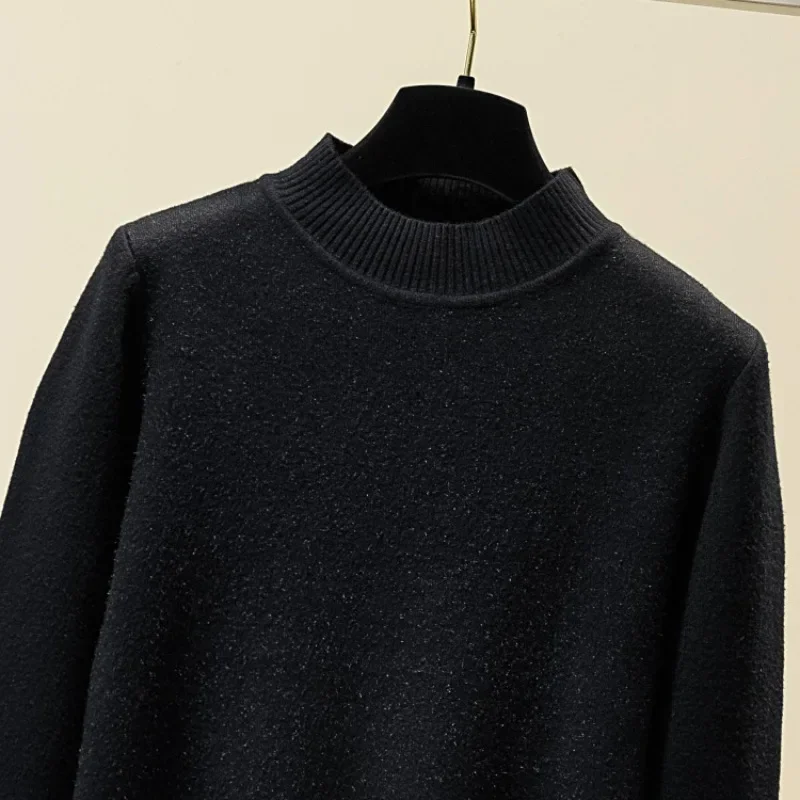 Winter Simple Velvet Thick Slim Fit Knitted Pullover Tops Women's Solid Color Warm Semi High Neck Long Sleeved Sweater New