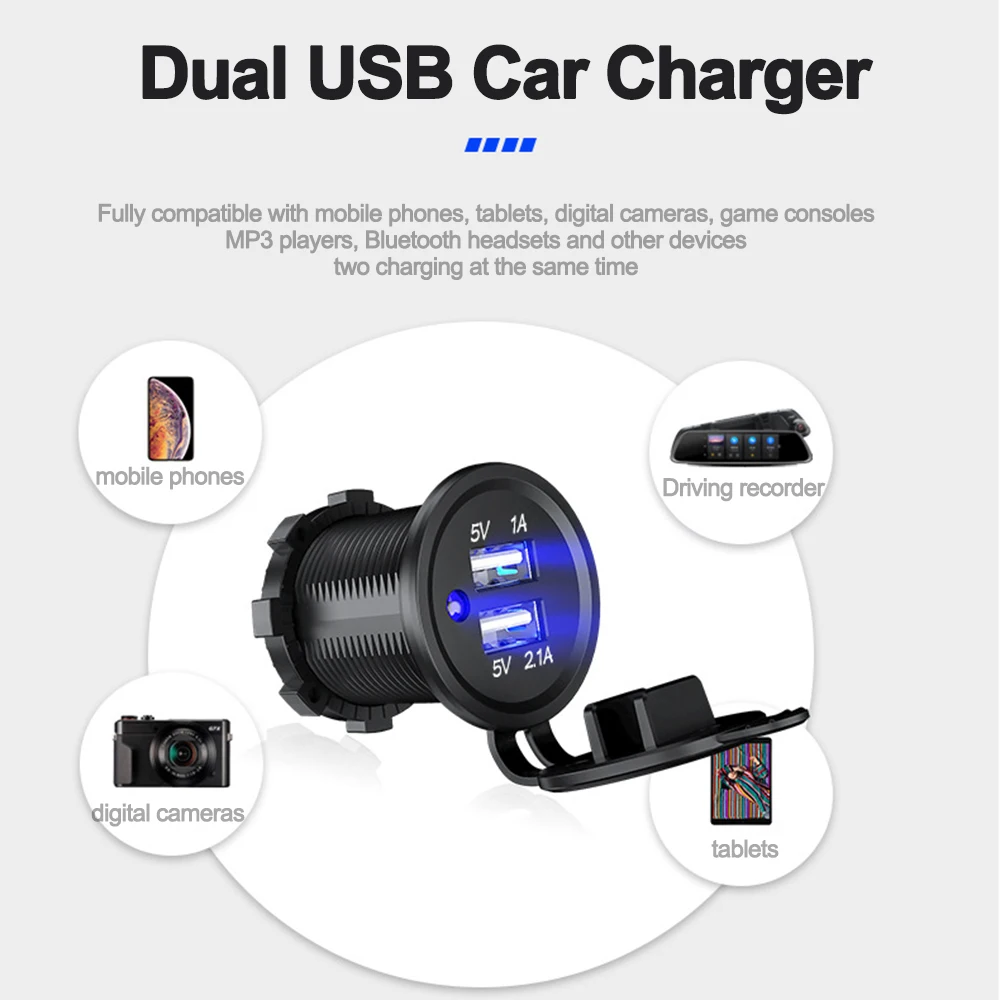 Universal Cigarette Lighter Car Charger USB Vehicle DC12V-32V Waterproof Dual USB Charger 2 Port Power Socket 5V 2.1A/1A Car Charger Car Phone Charger