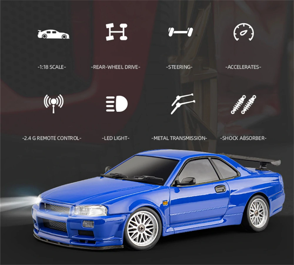 LDRC 1899 RTR 1/18 2.4G RWD RC Car Drift GTR R34 Gyro LED Light On-Road Full Proportional Alloy Body Shell Racing Vehicles Models Toys