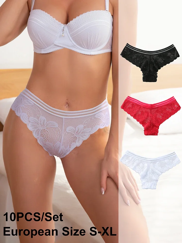 

6/10PCS Women Thongs Sexy Lace Panties Solid Soft Underpants Lady Low Waist Panty Intimates Briefs Women Underwear Lingerie S-XL