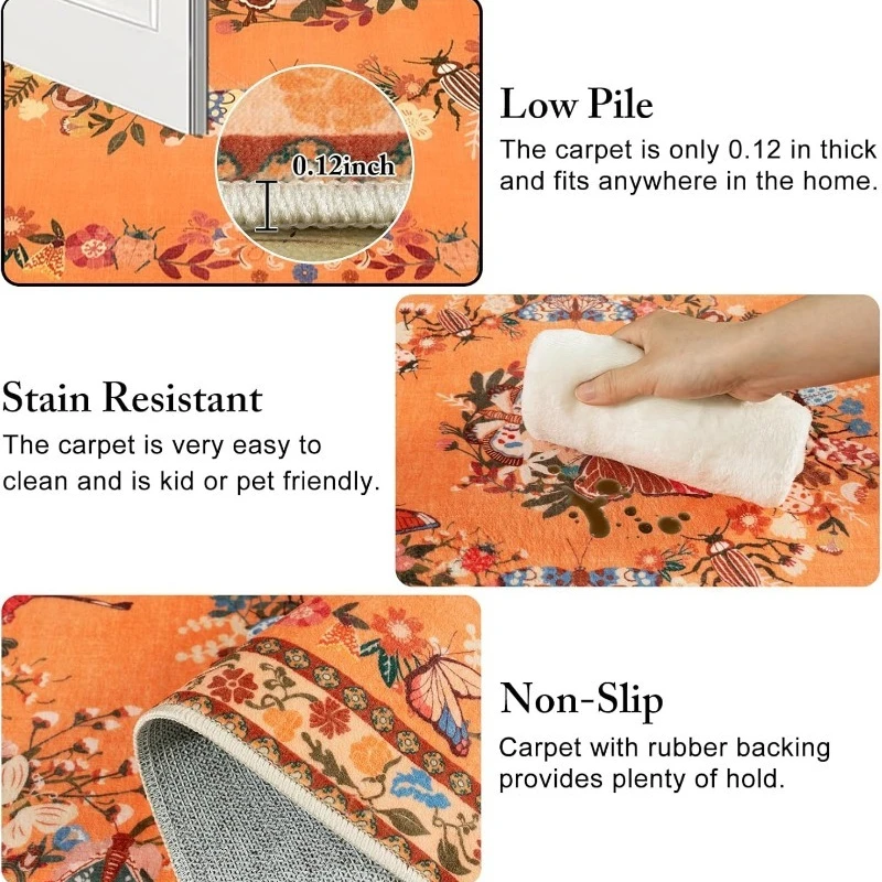 Vintage Living Room Carpet Large Area Butterfly Floral Print Bedroom Rugs Machine Washable Non-slip Soft Coffee Table Mats Tapis