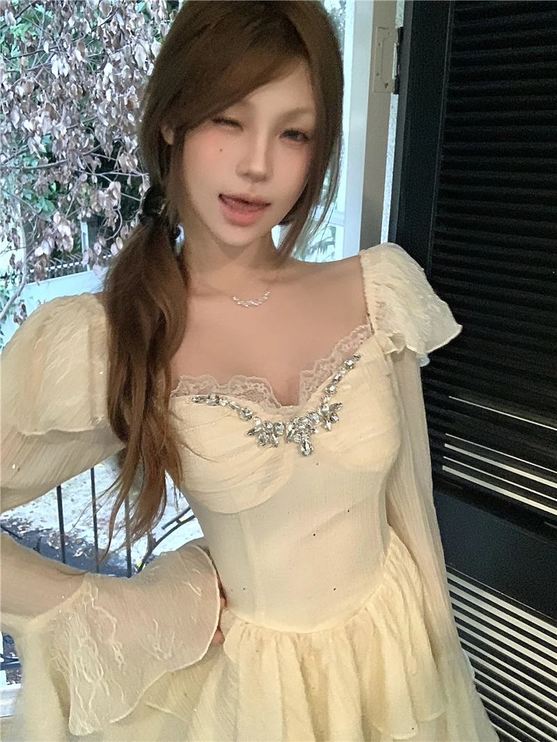 Y2K Black Short Dresses for Women Diamonds Square Collar Flare Sleeve High Waist A-line Birtheday Party Dress Prom Mini Vestidos