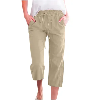 Women's Cotton Linen Capri Pants Summer Lightweight Casual Loose Elastic Waist Cropped Trousers Office Lady Solid Color Pants