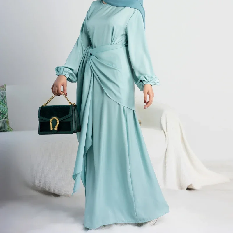Satin Muslim Dress Women Abaya 2 Piece Set Morocco Party Kaftan Long Robe with Wrap Skirt Islamic Dubai Turkish Modest Outfit
