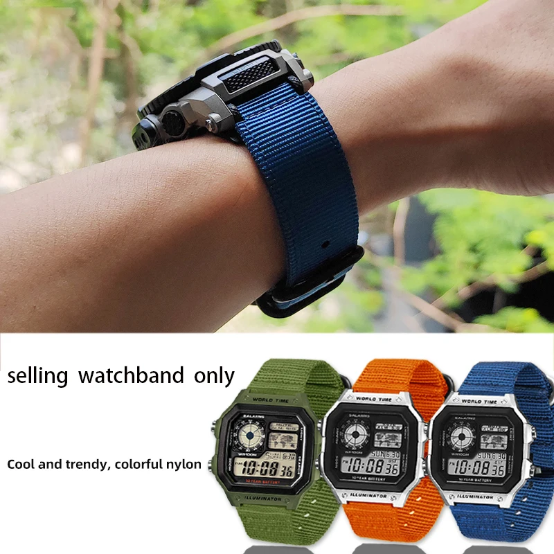 Nylon Horlogeband 18 Mm - Compatibel Met Casio AE1200WHB E.a. - Army Green