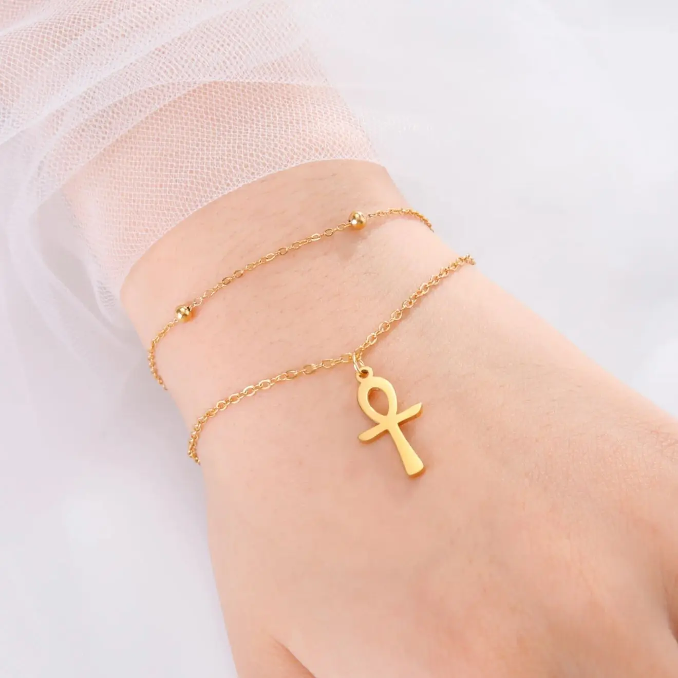 LIKGREAT Vintage Egypt Bracelet Ankh Charms Stainless Steel Bracelets Women Jewelry Double Chain Life Symbol Cross Amulet Anni - Image 5