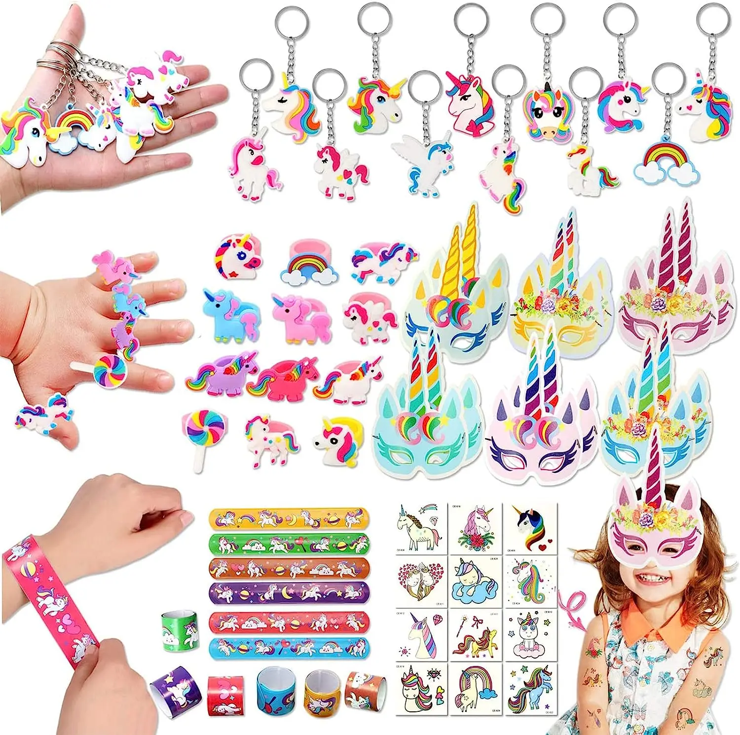 

60pcs Unicorn Birthday Party Favors Supplies Slap Bracelet Mask Ring Keychain Tattoos Rainbow Unicorn Gifts Goodie Bags Fillers