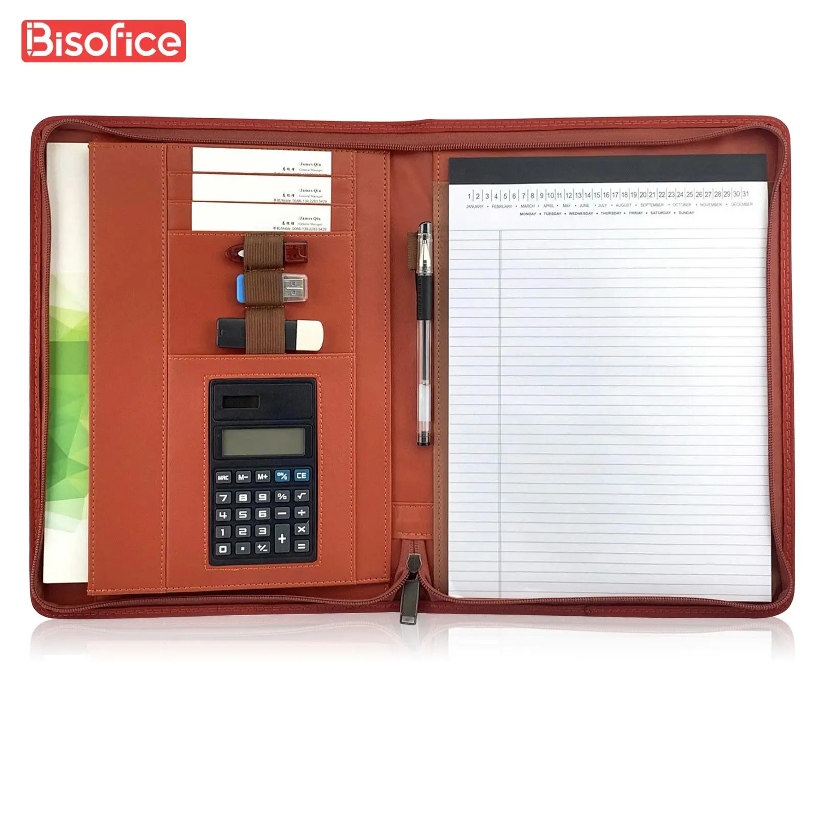 지퍼형 Padfolio A4 PU 가죽 포트폴리오 정리함, 계산기 포함, 인터뷰 이력서 문서 플래너, 일정 거치대