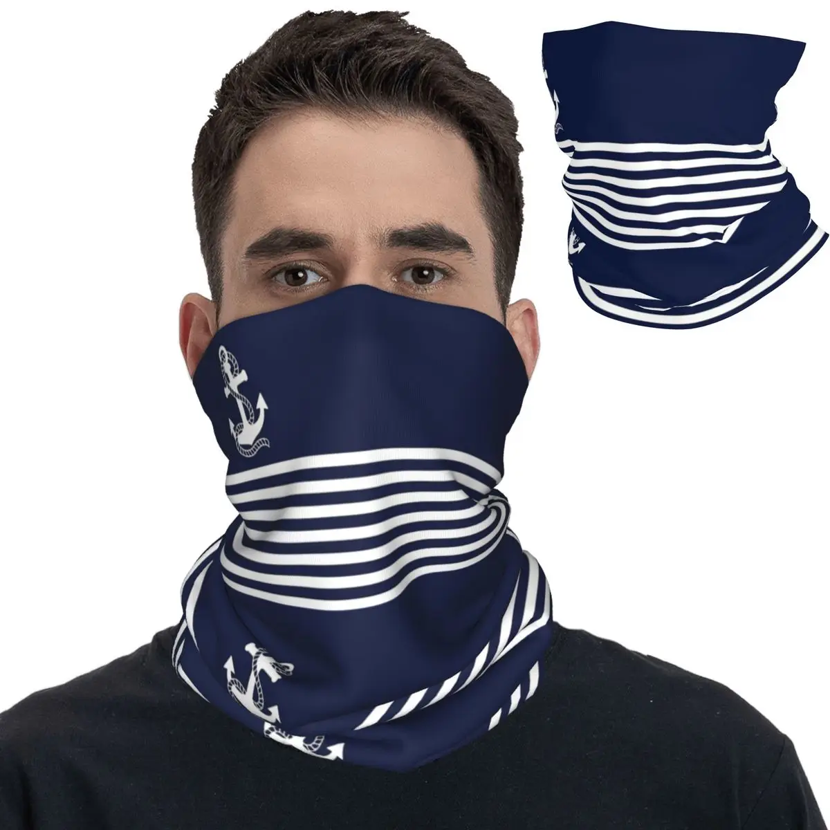 

Nautical Navy Blue Stripes And White Anchor Bandana Neck Gaiter Mask Scarf Multifunctional Headwear Fishing Adult Breathable