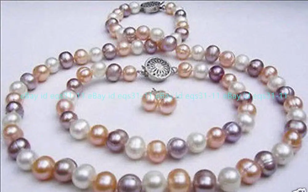 

Natural 7-8mm White Pink Purple Freshwater Pearl Necklace Earring Bracelet Set