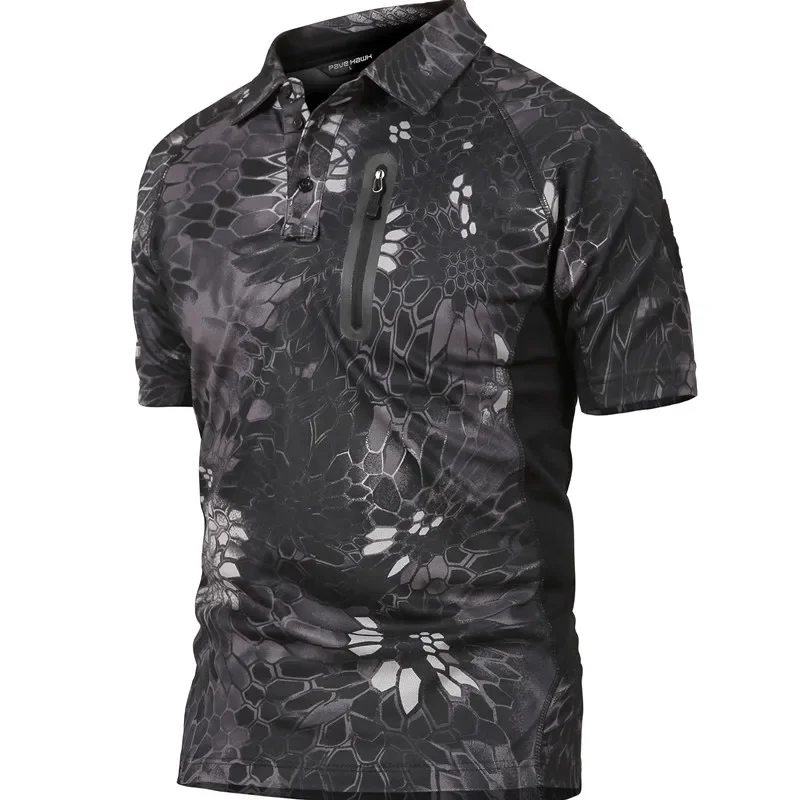 Men's Tactical Polo T-Shirt Short Sleeve Camouflage Breathable Army Work Tee Shirt Quick Dry Outdoor Hiking Top Tees